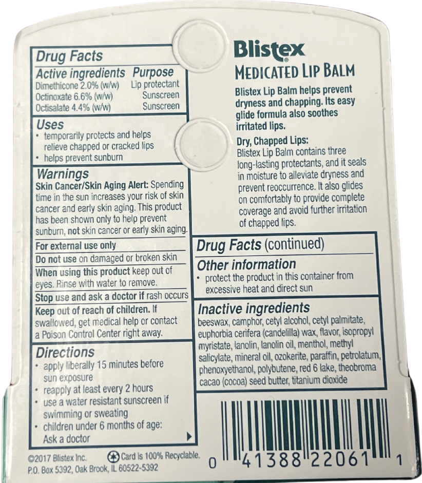 Blistex Medicated Lipbalm drug facts