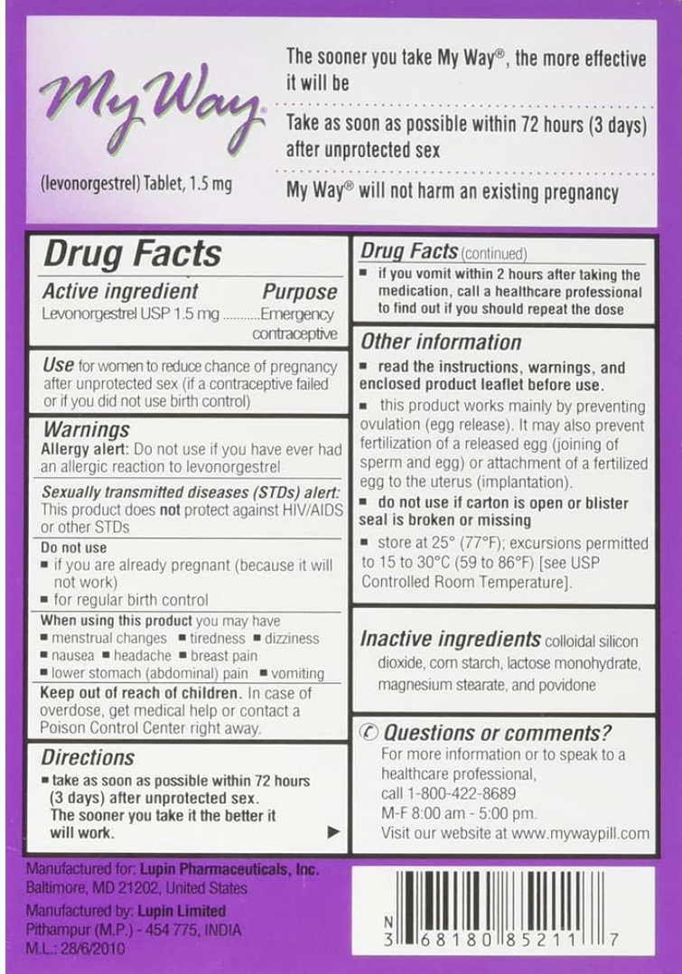 My Way Emergency Contraceptive Drug Facts