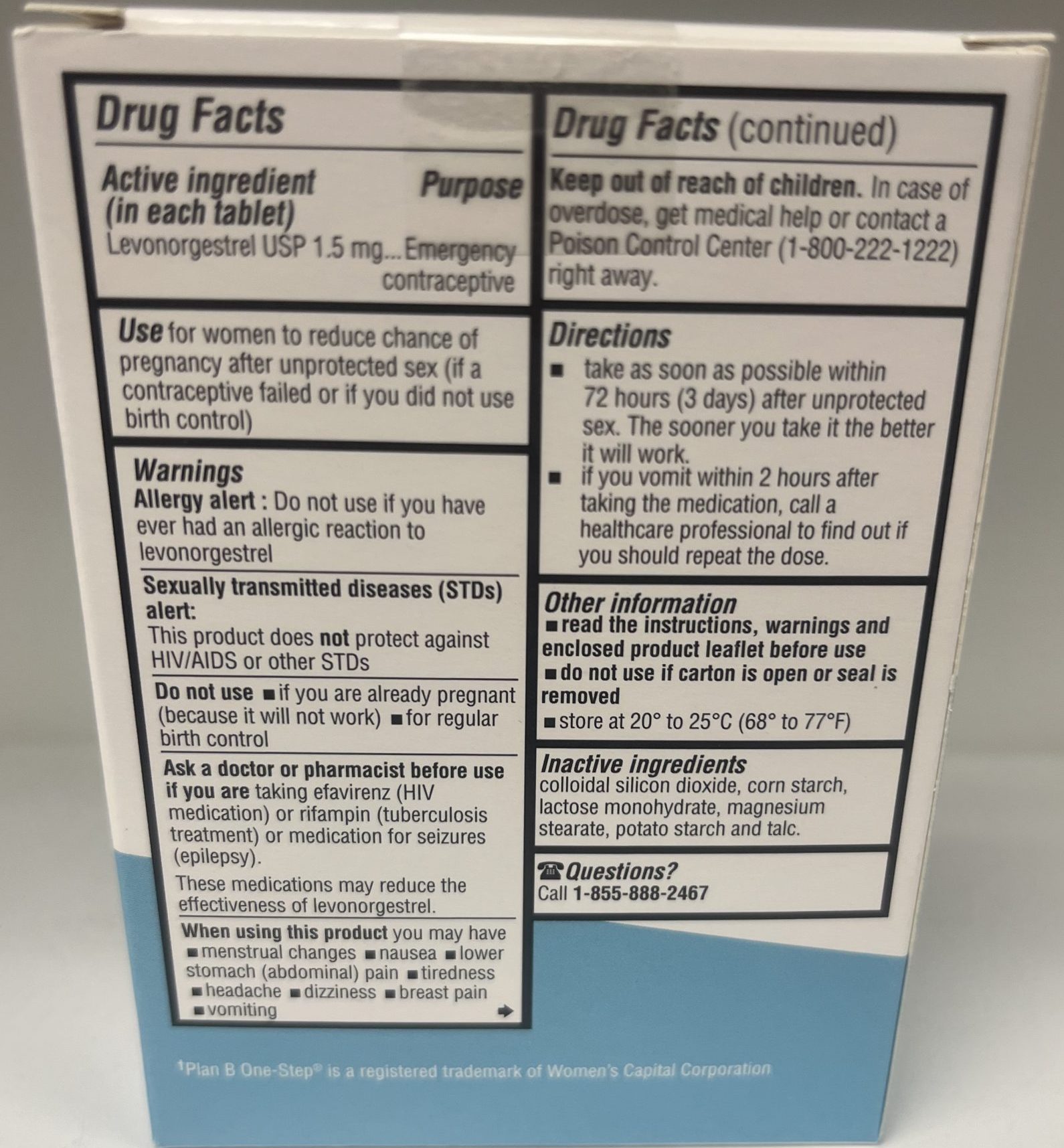 Econtra one-step emergency contraceptive back of package