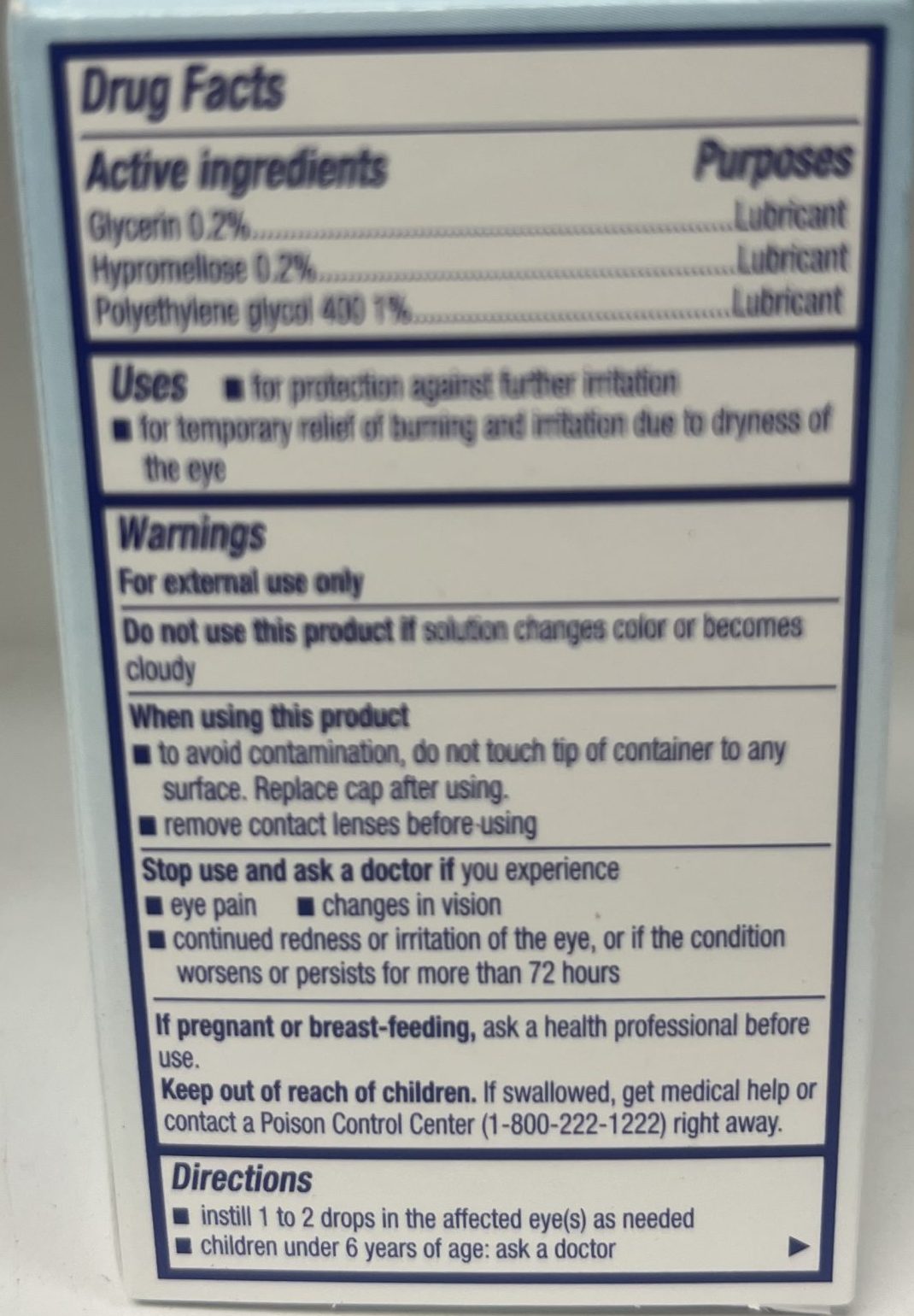 Artificial tears dry eye relief back of package