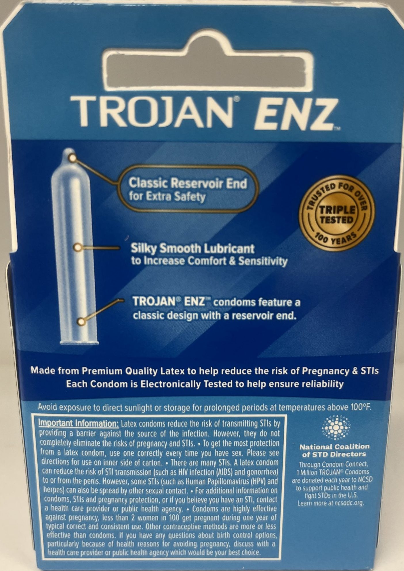 Trojan ENZ condoms. back package