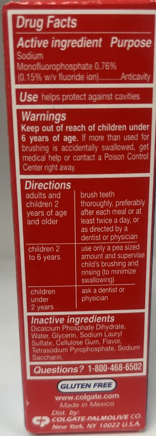 Colgate toothpaste cavity protection- back of package