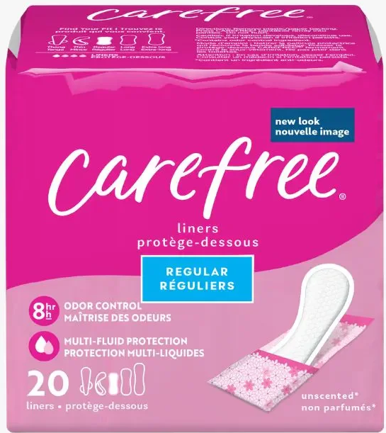 CareFree® Panty Liners, Regular, 8 hour control, Unscented, Wrapped 20c front of package