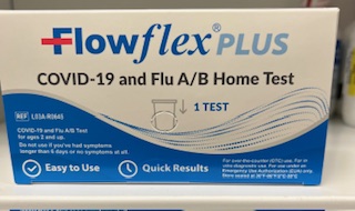 Front of Flowflex Plus COVID-19 and Flu A/B Home Test box showing product name, “1 Test,” and icons highlighting easy use and quick results.