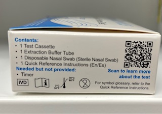 Side view of the Flowflex Plus COVID-19 and Flu A/B Home Test box listing kit contents, items not included, storage symbols, and a QR code for additional instructions.
