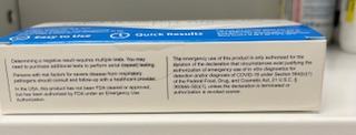 Side panel of the Flowflex Plus COVID-19 and Flu A/B Home Test box displaying caution statements, emergency use authorization notice, and additional product disclaimers.